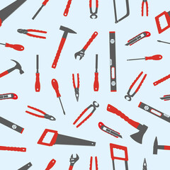 Hand working tools. Seamless pattern. Hand-held working tools set. Repair home and construction tools collection. Silhouettes. Pliers. Hacksaw. Screwdriver. Hammer. Flat vector illustration. Isolated