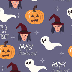 Seamless pattern with pumpkins, witch, ghost for Halloween. Vector print on a purple background. 