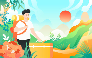 Obraz na płótnie Canvas People travel on vacation with various plants and buildings in the background, vector illustration