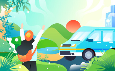 People travel on vacation with various plants and buildings in the background, vector illustration