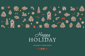 Vector illustartion design for Christmas greetings card. Collection of gingerbread cookies. Cute naive christmas honey-cakes.