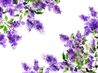 Lilac flowers. Watercolor floral painting card. Greeting postcard design. Hand drawn purple flowers. Wedding invitation template. Floral backgrounf with bright flowers