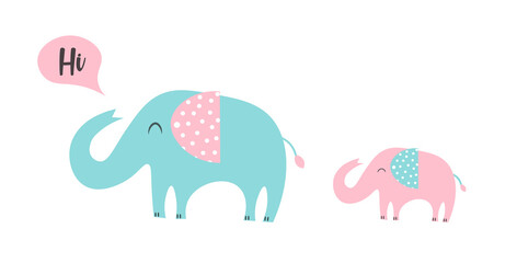 Cute vector elephants illustration with speech bubble saying hi. Big and small elephant on top of each other. Baby animal character. Baby shower card, invitation.