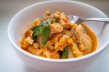 Spicy pork bowl with Napa cabbage, onion, garlic, and scallion, the Korean dish