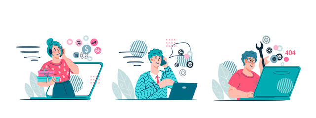 Customer support service or telemarketing call operators staff. Call center and clients online support agents or telemarketers team, cartoon flat vector illustration isolated on white background.