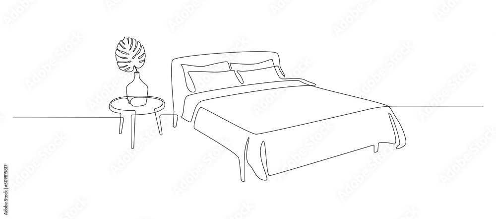 Poster Continuous one line drawing of bed and table with vase and monstera leaf. Scandinavian stylish furniture for cozy loft bedroom in simple linear style. Editable stroke. Doodle vector illustration