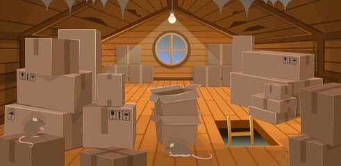 Interior flooded the wooden attic with boxes, a window, stairs and rats. Vector illustration of cartoon style. © NADEZHDA