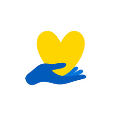 Blue Hand holding yellow heart of Ukraine. Stop war in Ukraine. Protection from Russian invaders. Encourage donate. Concept idea of donation and help