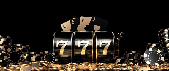 Slot Machine, Four Aces Casino Chips And Coins, Modern Black And Golden Isolated On The Black Background - 3D Illustration	