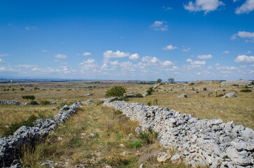 Fototapeta na wymiar Un tratto della Via Peuceta del Cammino Materano in Puglia che passa nell'altipiano delle Murge fra due muri di pietra