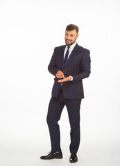 young businessman in a suit posing with different emotions on a white background in the studio isolated in full growth