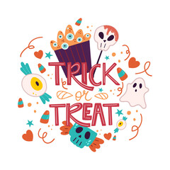 Fototapeta na wymiar Vector illustration of Halloween with the inscription Trick or treat and sweets. Scary candy. Happy Halloween