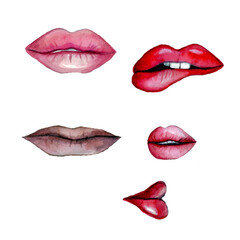 Hand drawn watercolor set of female different lips shapes with red and pink lipstick,sexy makeup in kiss smile,women mouth icon set,sensual stickers of colorful sexy lips.