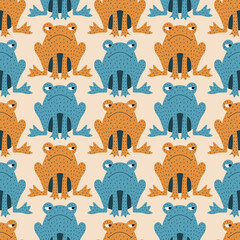 Cute colorful frogs hand drawn vector illustration. Funny animal character seamless pattern for kids fabric or wallpaper.