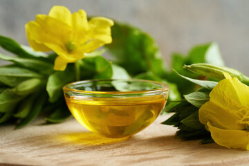 Evening primrose oil with fresh blooming evening primrose plant