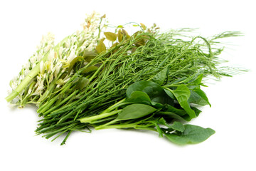 Thai local organic vegetables on white background. Thai villagers grow vegetables for cooking , non-toxic, herbal and healthy food. Concept : Sustainable living and eating in rural northern Thailand. 