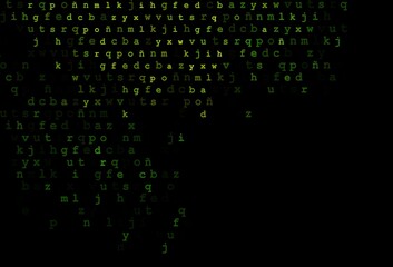 Dark green vector background with signs of alphabet.