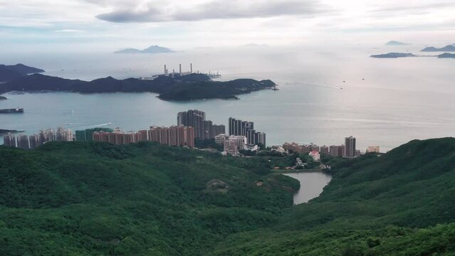 View of Pok Fu Lam Country Park in High West, Hong Kong.  Aerial shot of city scape near sea of Hong Kong.
