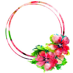 Watercolor drawing of handmade red flowers in a round sublimation with a frame. Isolated PNG