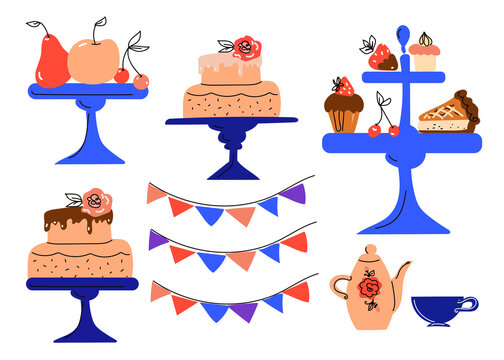 Afternoon tea set with cakes, doodle sketch hand drawn vector design