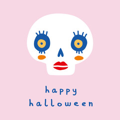 Cute Hand Drawn Halloween Card with White Lady Skull on a Pastel Pink Background. Blue Handwritten Happy Halloween. Skull with red Lipstick and Blue Eyes. Cool Infantile Style Spooky Party Print 