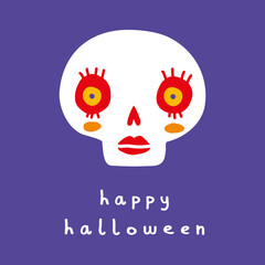 Cute Hand Drawn Halloween Card with White Lady Skull on a Dark Blue Background. White Handwritten Happy Halloween. Skull with Red Lipstick and Red-Yellow Eyes. Cool Infantile Style Spooky Party Print 