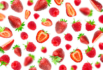 Berry pattern. Ripe fresh flying red strawberry, raspberries isolated on white background. Summer delicious sweet berry organic fruit, food diet vitamins creative layout. Whole and halved strawberries