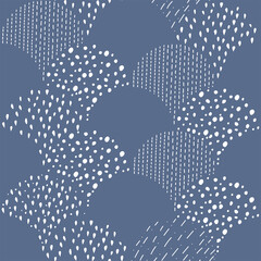 Vector illustration. Children's drawing. Spotted white and blue background. Geometric abstract pattern of hand-drawn shapes. Filled and linear organic forms.