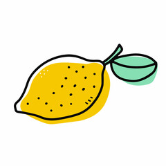 Doodle yellow lemon. Hand-drawn citrus isolated on white background. Delicious fruit is a symbol of summer, wholesome nutrition, natural food. Ingredient for lemonade, juice menu. Vector illustration