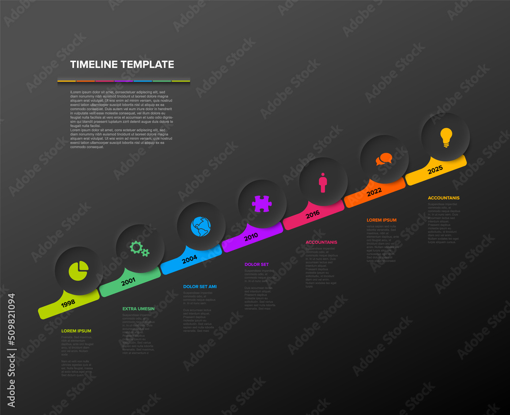 Poster seven circle dark diagonal steps simple timeline process infographic