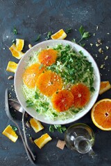 Cabbage salad with orange and pistachio on darktable. Top view with copy space. Healthy food.