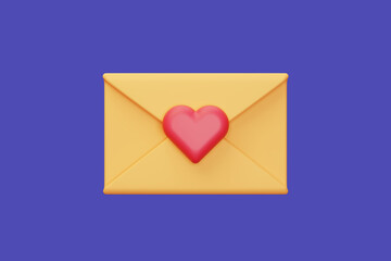 3d Render envelope with heart  on purple background. Cartoon illustration