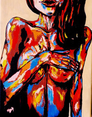 Pop art female breast, hand. Painting for men. A naked topless girl covering her breasts with her hand is embarrassed. Bright pop art picture for successful men with taste.