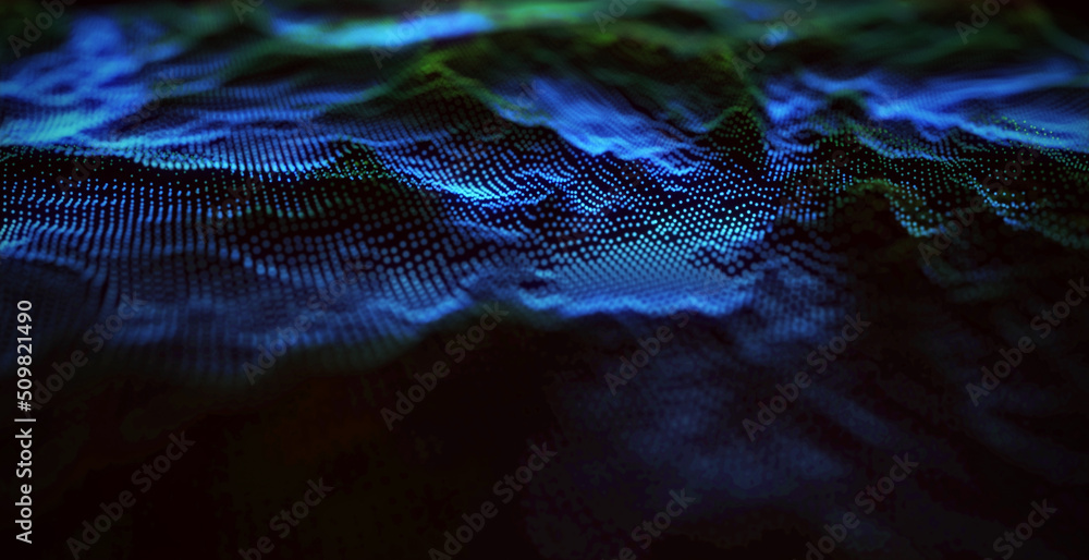 Poster Blue and green dynamic particles wave. Embossed mesh representing internet connections, cloud computing and neural networks. Data flow. Technology background. 3d rendering.