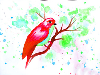 Red tit - parrot. Watercolor illustration. Red Tit on a sakura branch. Illustration of a bird on a branch with green flowers. watercolor technique. Delicate watercolor. spring mood. Red. Green.