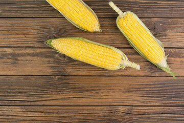 Fresh corn on the cob on a rustic wooden table - top view