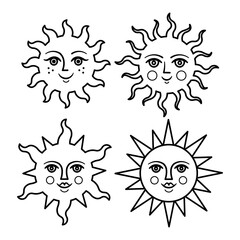 Set of sun face symbol.Vector illustration. Vector illustration isolated on white background. Element for design, tattoo, logo. Esoteric symbols.