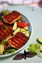 Grilled halloumi cheese served on vegetable salad with tomato, cucumber and lettuce on the plate