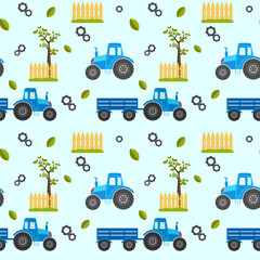 cute pattern of a tractor, tractor with cart, fence, and tree