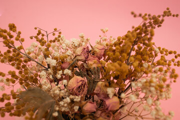 Dried flowers in yellow and pink stand in the composition on a pink background.