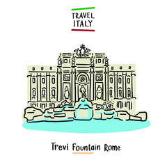 Trevi fountain Rome Italy landmark Hand drawn color Illustration - obrazy, fototapety, plakaty