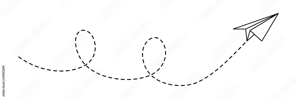 Poster paper airplane with line dotted route. sending message linear fold plane with dotted path. vector is
