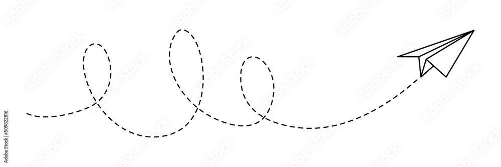 Poster paper airplane with line dotted route. sending message linear fold plane with dotted path. vector is