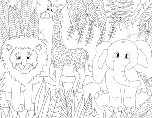 Wild animals coloring book page. Cute lion, giraffe, and elephant in the jungle.