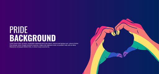 LGBT pride abstract background. Vector background with heart shaped hand symbol and rainbow colors. Vector Banner Template for Pride Month	