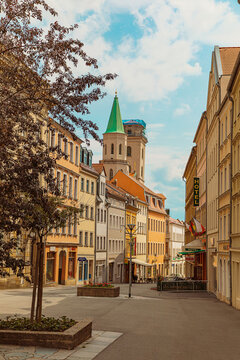 Liberec, Czech republic,  28 July 2019.  .beautiful, cozy old central clean streets of the old town of Liberec, Manchester of Bohemiа. Sonner day in the summer,  no many people in the streets. 