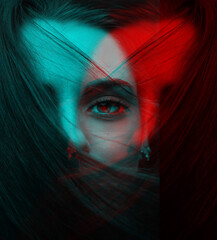 Beautiful woman cover her face with hair close-up fashion portrait in RGB color split. RGB effect...