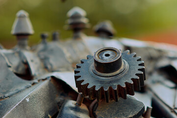 Vintage mechanism. Abstract background of rusty details. Selective focus. Close up.