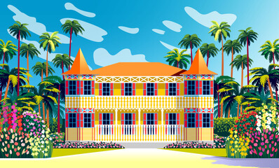 Fototapeta premium Traditional romantic old plantation house with garden, flowering shrubs and palms. Handmade drawing vector illustration. All objects are grouped by layers. 