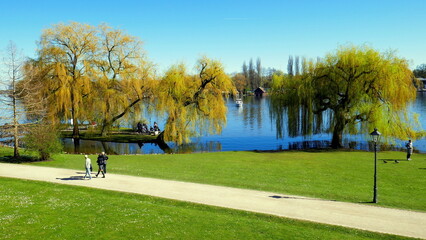 Schöner Schlosspark am Schweriner See mit grüner Wiese, Weiden, Weg und Leuten unter blauem Himmel